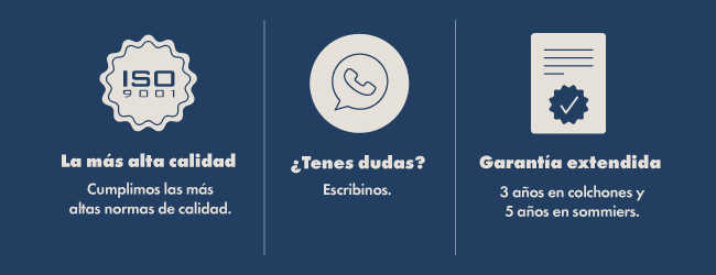 ISO 9001 La más alta calidad Cumplimos las más altas normas de calidad. ¿Tenes dudas? Escribinos. Garantía extendida 3 años en colchones y 5 años en sommiers.